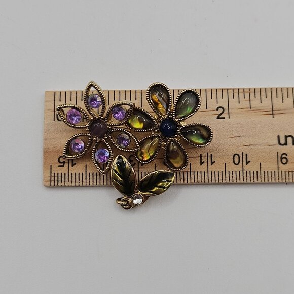 Gold Tone Purple Green Enamel Rhinestone Floral Whimsigoth Fairycore Boho Brooch - Picture 3 of 12